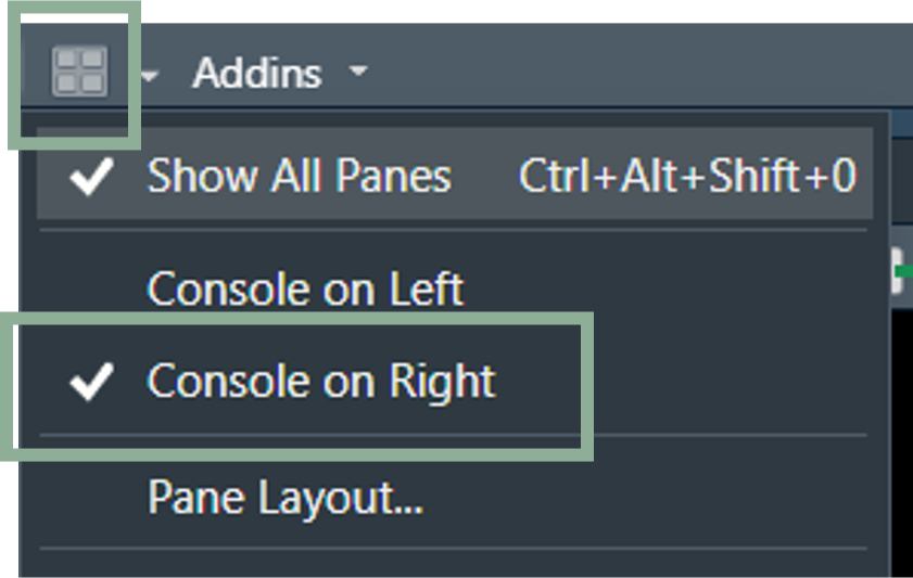 Pane layout drop down in RStudio with Console on Right options highlighted